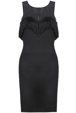 Black Tassel Trim Sleeveless LBD Tight Fitting Stretch Dress
