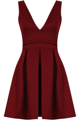 Wine Plunge Cut Out Detail Skater Dress