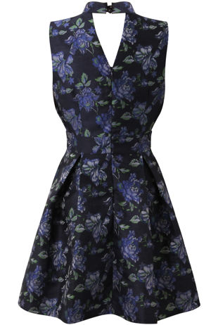 Navy Pleated Floral Skater Dress