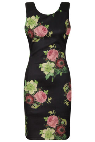 Black Floral Ruched Waist Fitted Dress