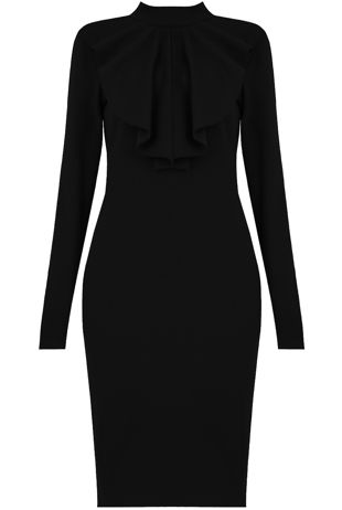 Black High Neck Front Ruffle Textured Midi Dres