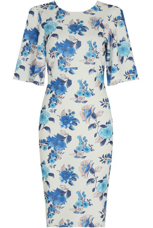 White Flower Print Bell Sleeve Midi Dress