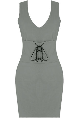 Grey Front Lace Tie Up Bodycon Dress