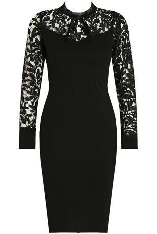 Floral Lace Back Zip Up Midi Dress in Black