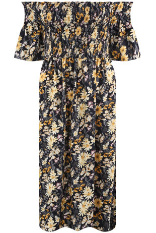 Navy Shirred Floral Off Shoulder Dress