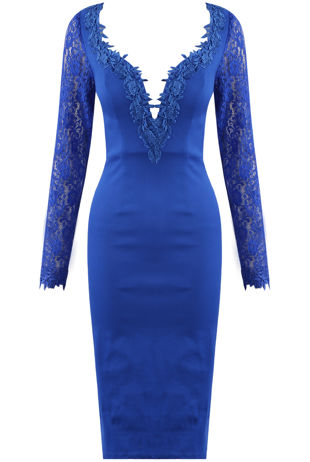 Royal Blue Lace Plunge Neck Midi Dress