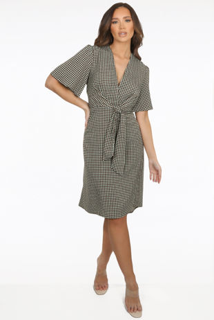 Tie Front Dogtooth Midi Dress