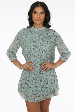 Mint Floral Print Pleated Shift Dress