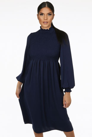 Navy Elasticated Waist High Neck Shift Dress