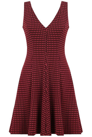 Wine Contrast Square Print Back Zip Up Fit and Flare Dress
