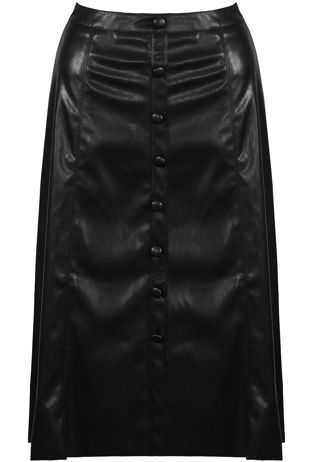 Black Faux Leather Button Trim Midi Skirt