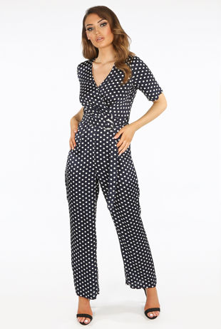 Navy Polka Dots O Ring Wrap Jumpsuit