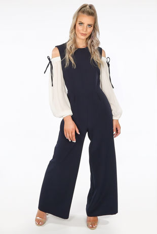 Chiffon Sleeve Tailored Jumpsuit In Navy