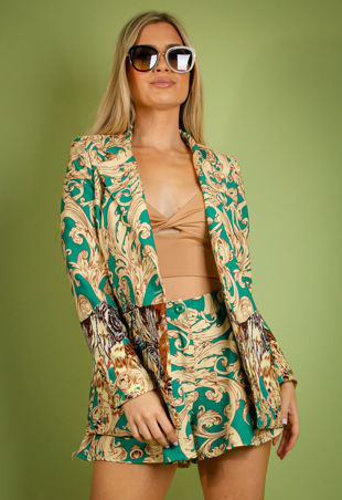 Green Filigree Print Blazer and Tailored Shorts Set