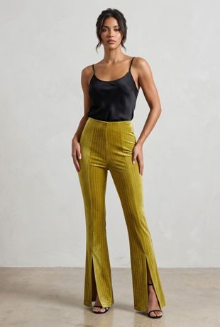 Mustard Lurex Stripes Slit Ankle Wide Trouser