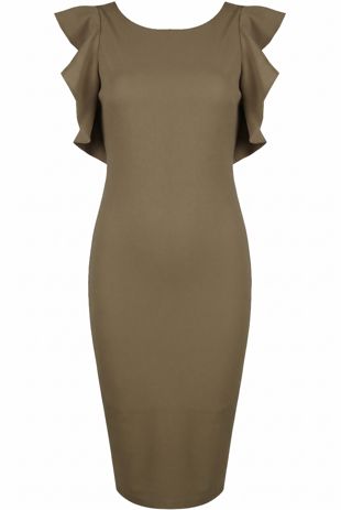 Khaki Frill Trim Tight Stretch Bodycon Dress