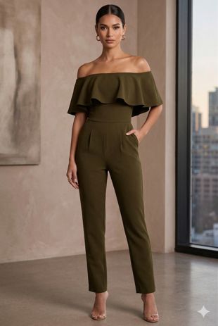 Khaki off Shoulder Frill Jumpsuit 