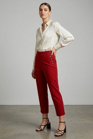 Button Trim Cropped Tailored Trouser In Red