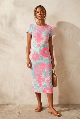 Pink and Blue  Abstract Multi  Print Cap Sleeve Midi Dress