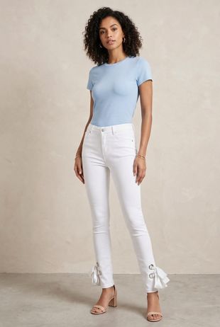 Ankle Lace Tie Up Stretch Skinny White Jeans
