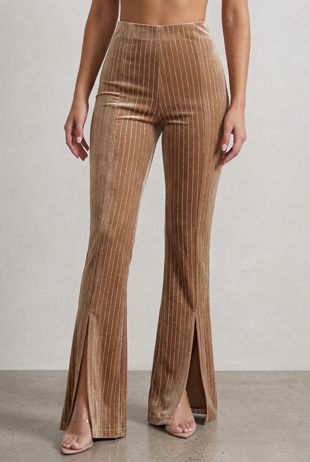 Beige Lurex Stripes Slit Ankle Wide Trouser 