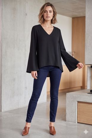 Black V Neck Long Sleeves Tops