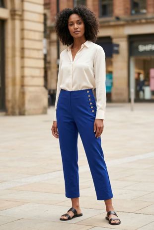 Button Trim Cropped Tailored Trouser In Blue