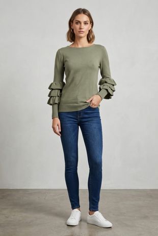 Khaki Ribbed Layered Sleeve Knitted Midi Dress