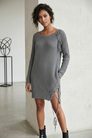 Grey Longline With Lace Up Ripped Jumper