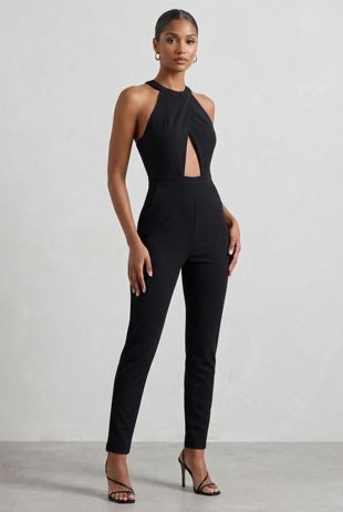Black Crossover Halter Neck Jumpsuit