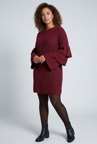 Wine Knitted Jumper Dress With Frill Sleeve