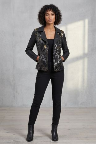 Black and Golden Sequin Biker Jacket