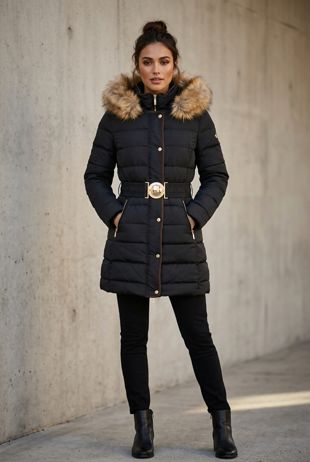 Black Quilted Beige Fur Hood Long Puffer Jackets
