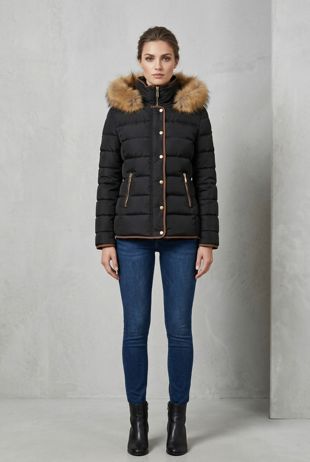 Black Quilted Beige Fur Hood Short Puffer Jackets