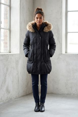 Black Quilted Natural Fur Puffer Jackets
