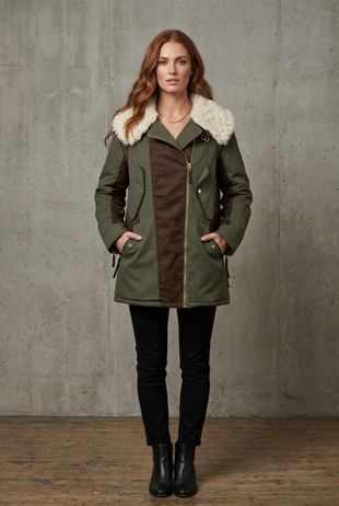 Khaki  Parka Jacket With Cream Fur 