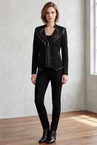 Zip Up Lapel Trim Double Breasted Jacket