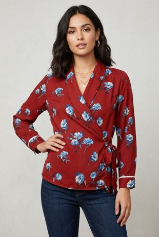 Burgundy Flower Printed Crossover Tops