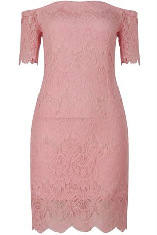 Pink Lace Lined Off Shoulder Dress