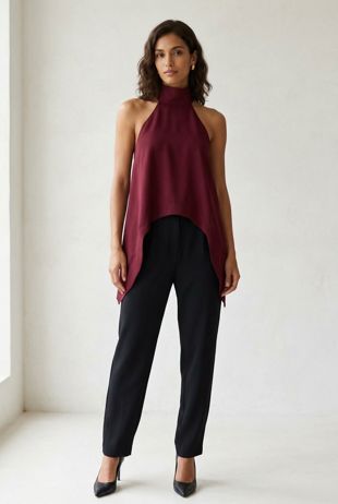 Wine Turtle Neck Asymmetric Tops