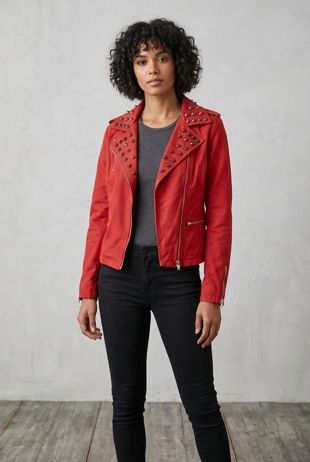Red Studded Trim Biker Jacket