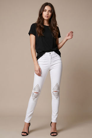 White Studded Knees Ripped Jeans