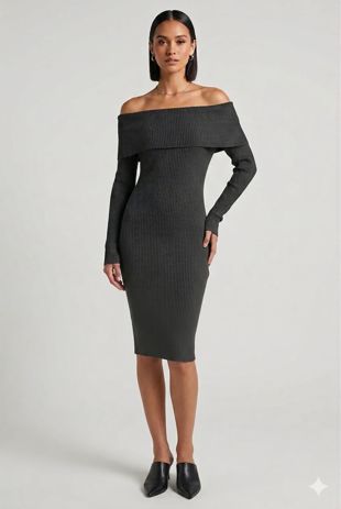 Dark Grey Bardot Fold Over Midi Dress