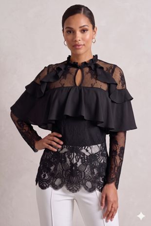 Black Floral Mesh Layered Tops