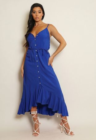 Blue Belted Button Front Maxi Dress