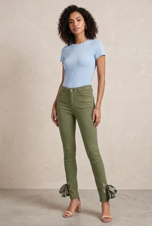 Ankle Lace Tie Up Stretch Skinny Dark Khaki Jeans