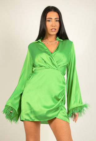 Green Satin Mini Dress With Ostrich Feather Cuff
