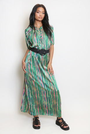 Green Striped Print Maxi Smock Dress