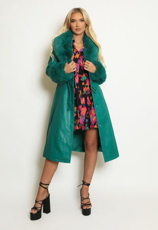 Green Faux Fur Trim Belted Trench Coat 