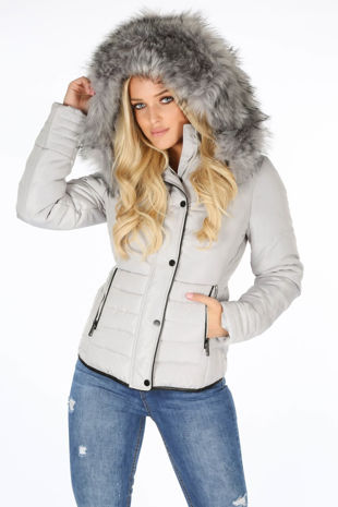 Grey Fur Hood Funnel Neck Jacket